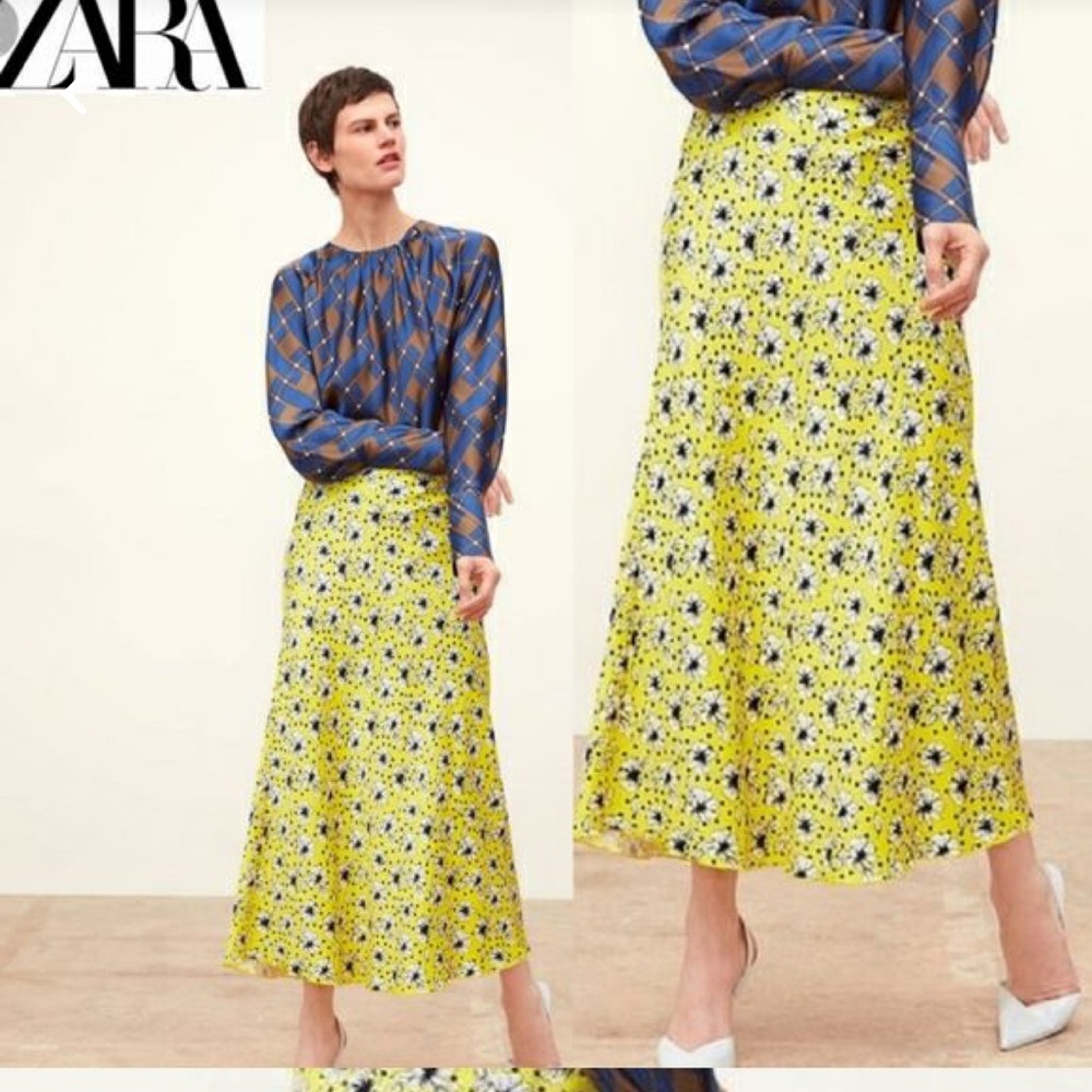 Zara bright yellow skirt with black and white floral design